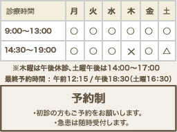 診療時間と予約制のご案内